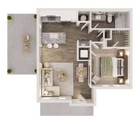 Floor plan for 1 bed, 1 bath, 744 sqft